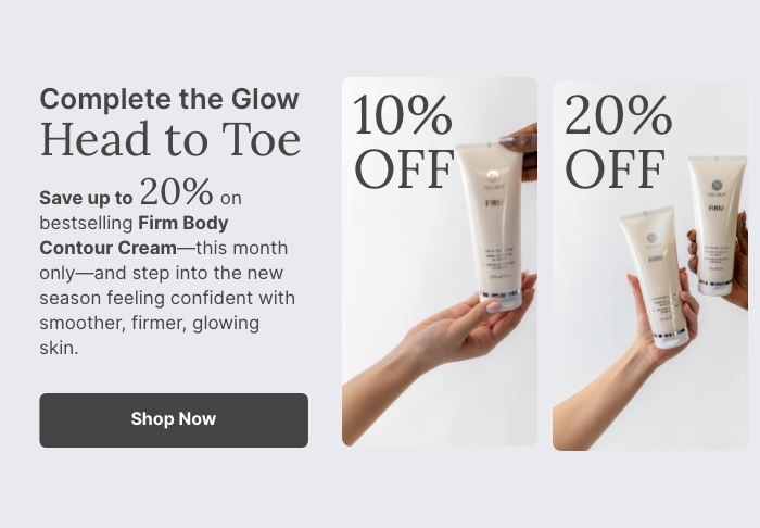 Show now and save up to 20% on Firm Body Contour Cream—this month only! Featured are people holding bottles of Firm Body Contour Cream.